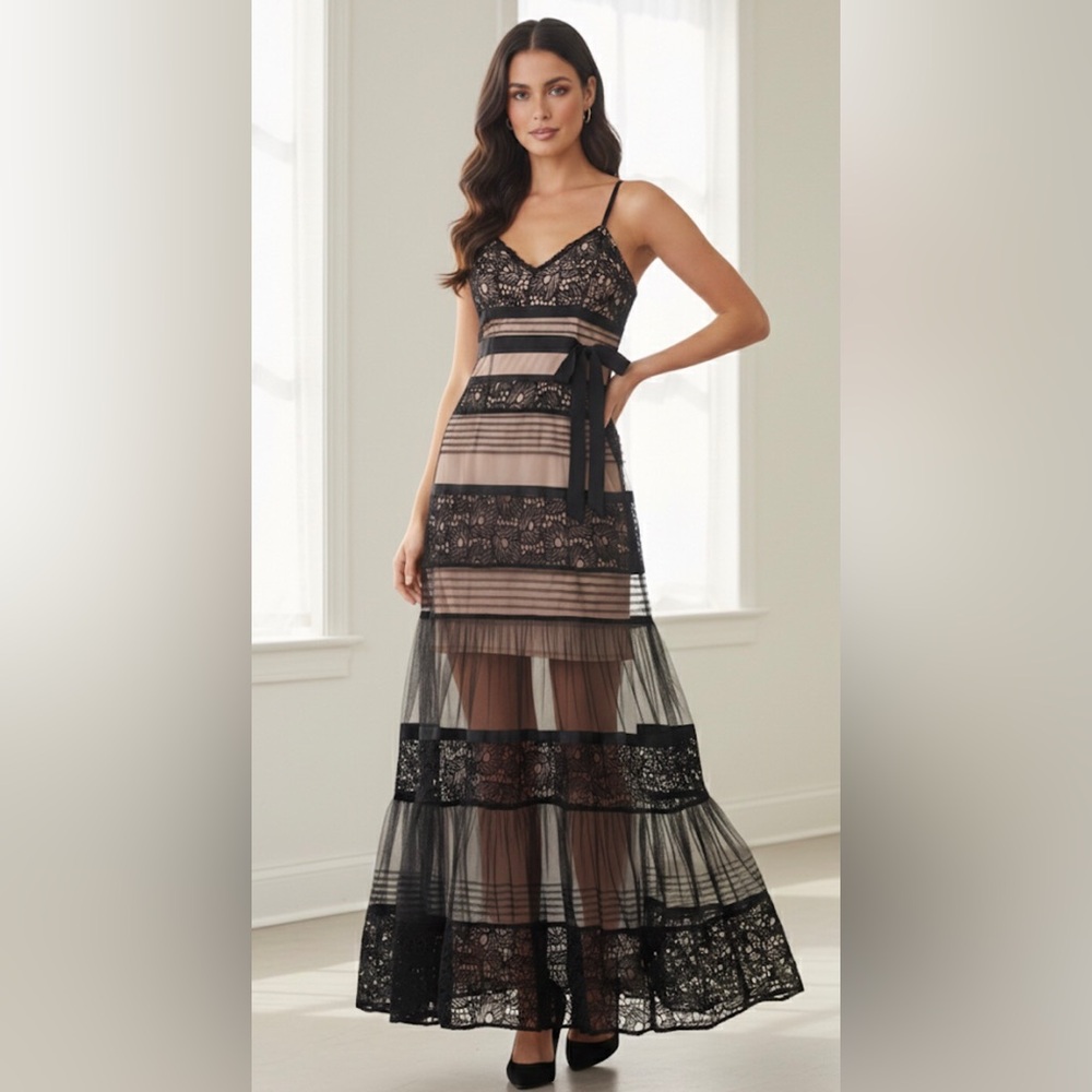 Tracy Reese Romantic Black Tiered Lace Maxi Dress Size 8